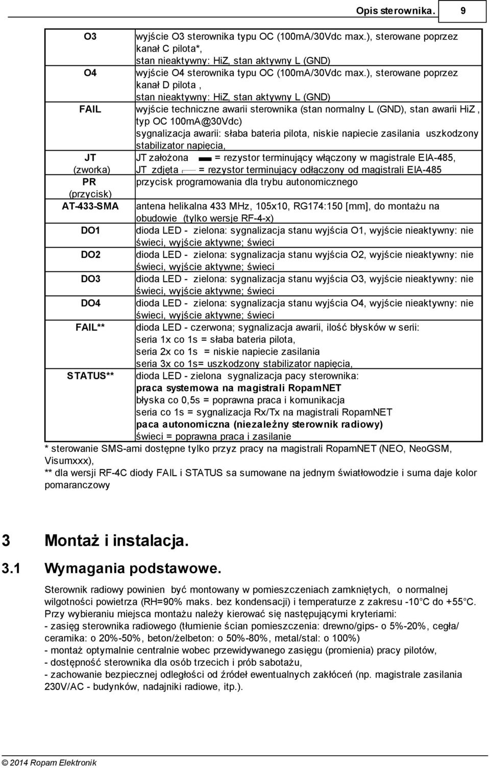 ), sterowane poprzez kanał D pilota, stan nieaktywny: HiZ, stan aktywny L () wyjście techniczne awarii sterownika (stan normalny L (), stan awarii HiZ, typ OC 100m@30Vdc) sygnalizacja awarii: słaba