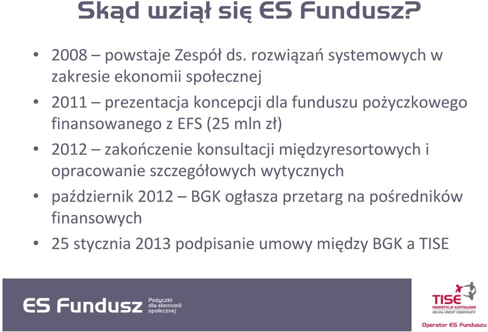 funduszu pożyczkowego finansowanego z EFS (25 mln zł) 2012 zakończenie konsultacji