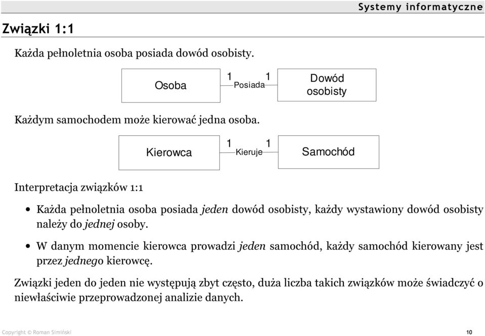 osobisty należy do jednej osoby. W danym momencie kierowca prowadzi jeden samochód, każdy samochód kierowany jest przez jednego kierowcę.