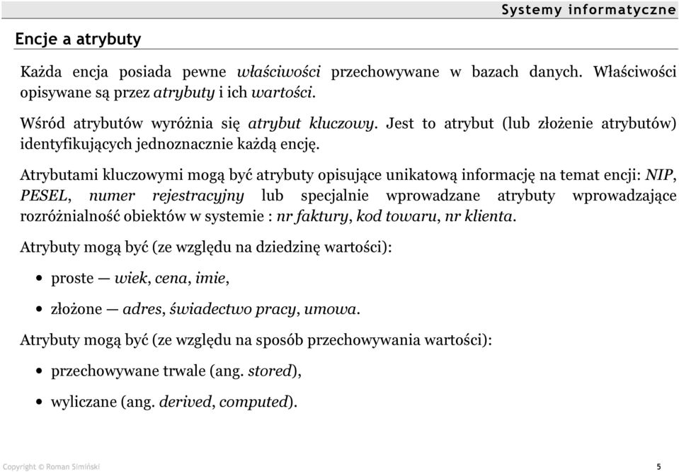 Atrybutami kluczowymi mogą być atrybuty opisujące unikatową informację na temat encji: NIP, PESEL, numer rejestracyjny lub specjalnie wprowadzane atrybuty wprowadzające rozróżnialność obiektów
