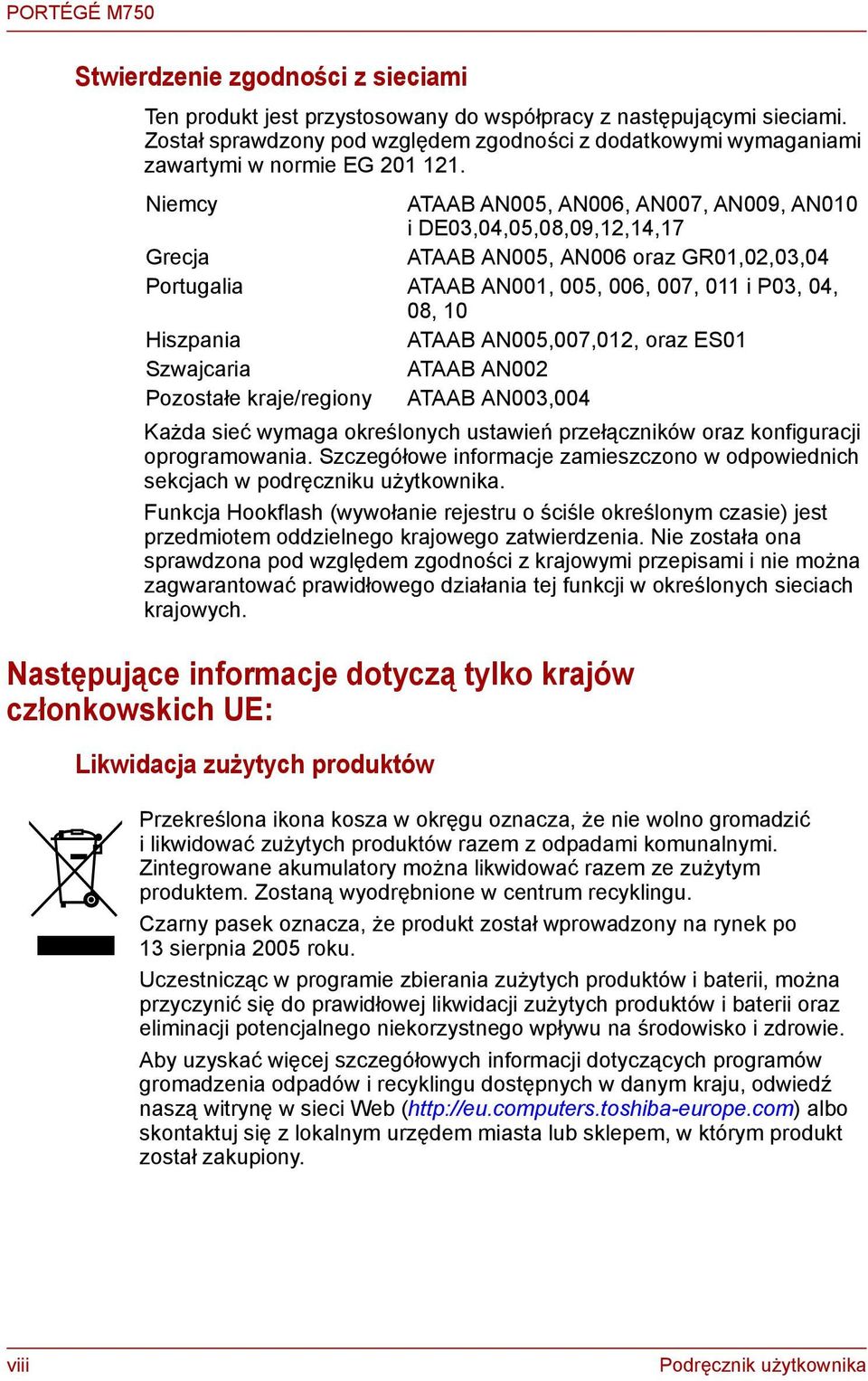 AN005,007,012, oraz ES01 Szwajcaria ATAAB AN002 Pozostałe kraje/regioy ATAAB AN003,004 Każda sieć wymaga określoych ustawień przełączików oraz kofiguracji oprogramowaia.