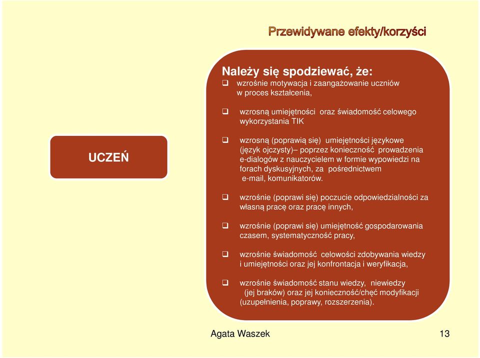 wzrośnie (poprawi się) poczucie odpowiedzialności za własną pracę oraz pracę innych, wzrośnie (poprawi się) umiejętność gospodarowania czasem, systematyczność pracy, wzrośnie świadomość celowości