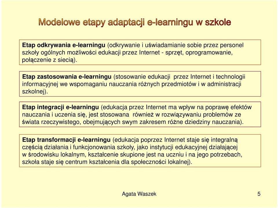 Etap integracji e-learningu (edukacja przez Internet ma wpływ na poprawę efektów nauczania i uczenia się, jest stosowana również w rozwiązywaniu problemów ze świata rzeczywistego, obejmujących swym