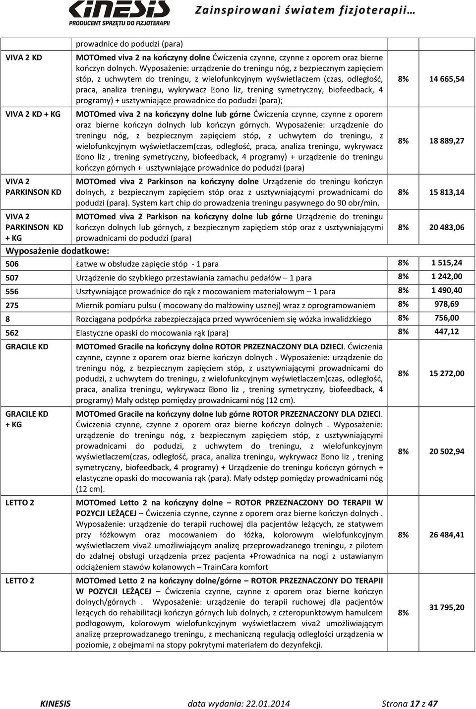 symetryczny, biofeedback, 4 programy) + usztywniające prowadnice do podudzi (para); VIVA 2 KD + KG MOTOmed viva 2 na kończyny dolne lub górne Ćwiczenia czynne, czynne z oporem oraz bierne kończyn