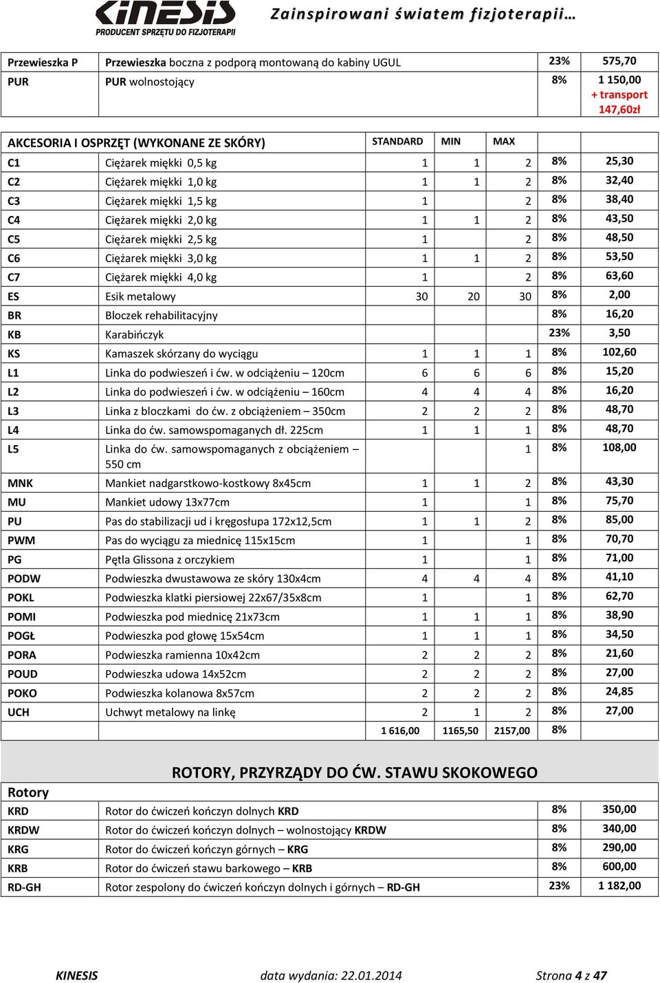 C6 Ciężarek miękki 3,0 kg 1 1 2 8% 53,50 C7 Ciężarek miękki 4,0 kg 1 2 8% 63,60 ES Esik metalowy 30 20 30 8% 2,00 BR Bloczek rehabilitacyjny 8% 16,20 KB Karabińczyk 23% 3,50 KS Kamaszek skórzany do