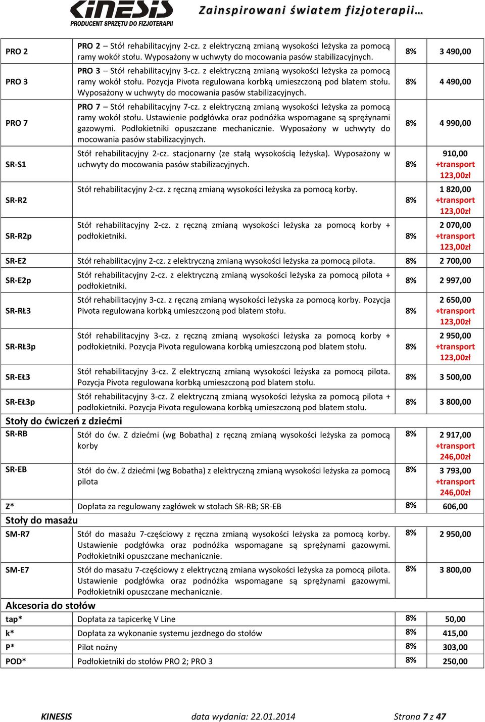 Wyposażony w uchwyty do mocowania pasów stabilizacyjnych. PRO 7 Stół rehabilitacyjny 7-cz. z elektryczną zmianą wysokości leżyska za pomocą ramy wokół stołu.