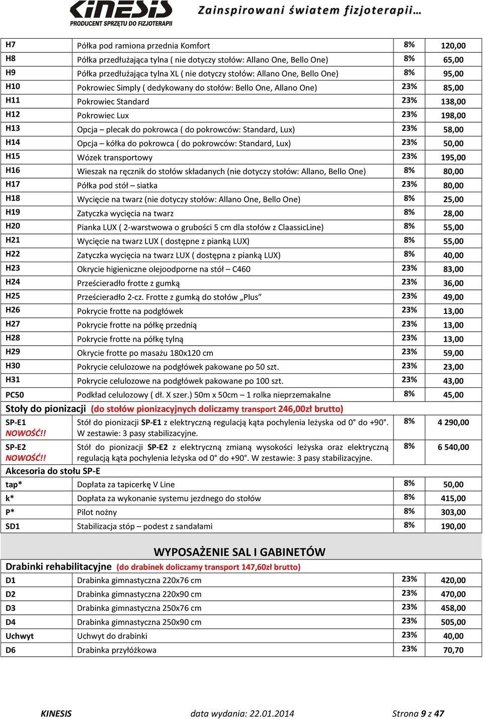 pokrowców: Standard, Lux) 23% 58,00 H14 Opcja kółka do pokrowca ( do pokrowców: Standard, Lux) 23% 50,00 H15 Wózek transportowy 23% 195,00 H16 Wieszak na ręcznik do stołów składanych (nie dotyczy