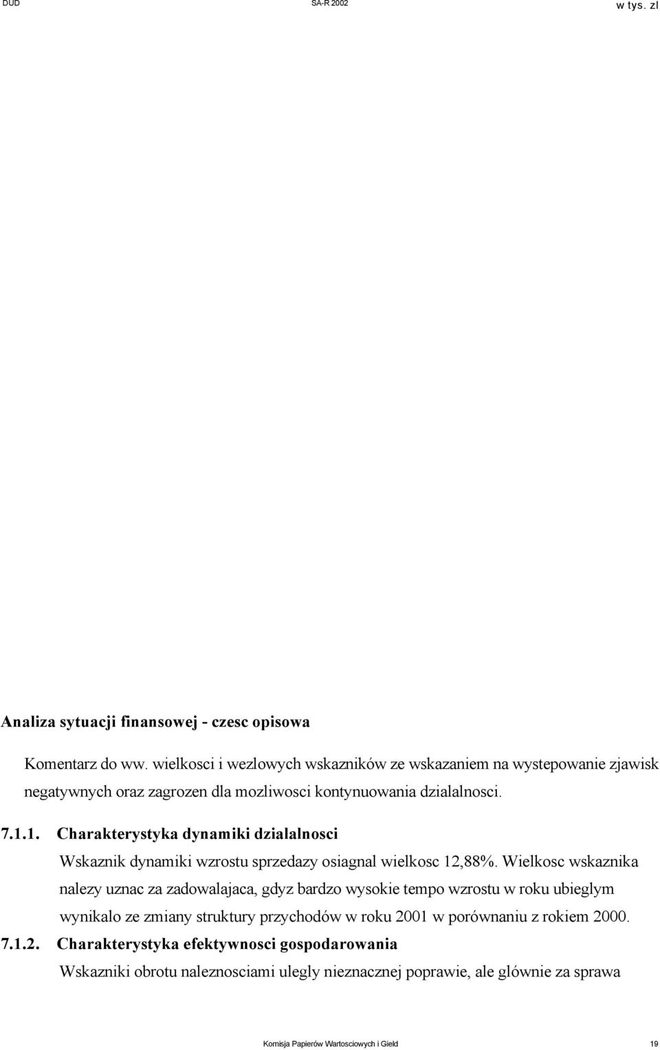 1. Charakterystyka dynamiki dzialalnosci Wskaznik dynamiki wzrostu sprzedazy osiagnal wielkosc 12,88%.