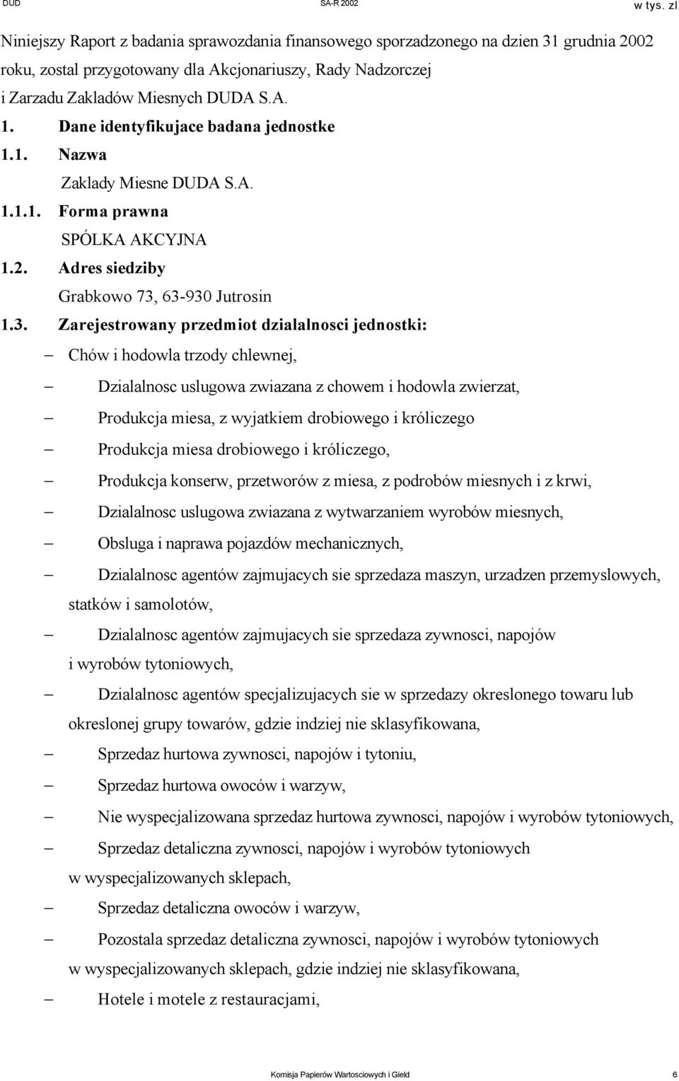 63-930 Jutrosin 1.3. Zarejestrowany przedmiot dzialalnosci jednostki: Chów i hodowla trzody chlewnej, Dzialalnosc uslugowa zwiazana z chowem i hodowla zwierzat, Produkcja miesa, z wyjatkiem