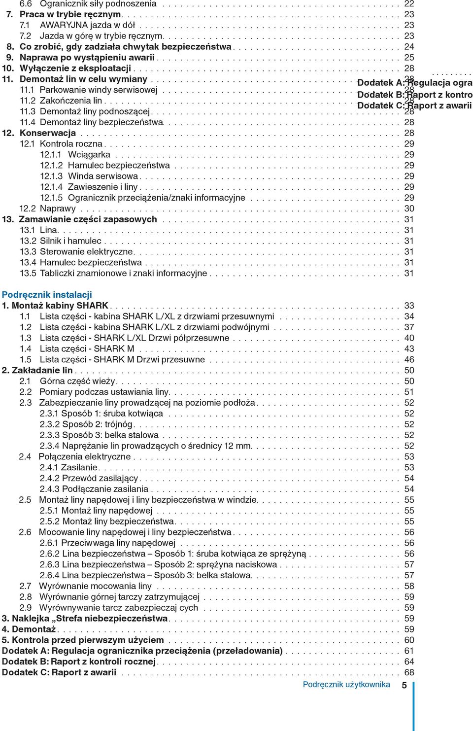 Wyłączenie z eksploatacji.............................................. 28.... Demontaż lin w celu wymiany........................................... Dodatek A: 28 Regulacja ogran.