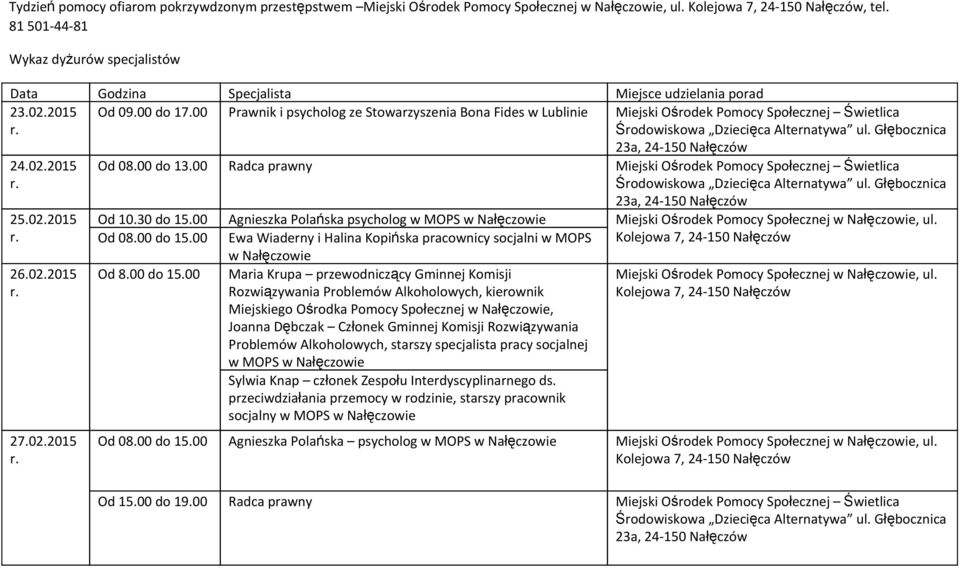 00 Prawnik i psycholog ze Stowarzyszenia Bona Fides w Lublinie Miejski Ośrodek Pomocy Społecznej Świetlica Środowiskowa Dziecięca Alternatywa ul. Głębocznica 23a, 24-150 Nałęczów 24.02.2015 r. 25.02.2015 r. 26.