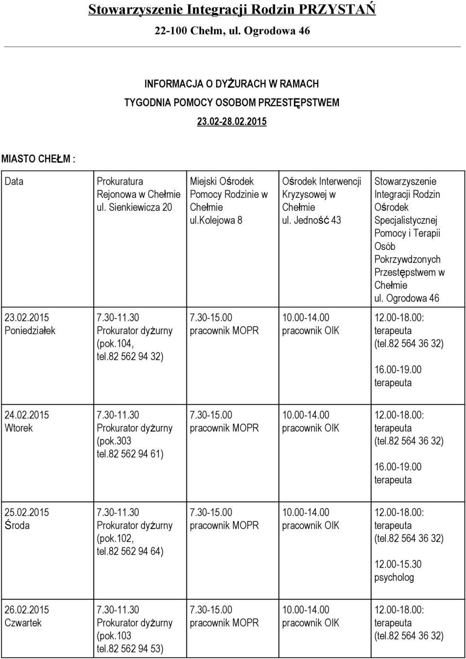 Jedność 43 Stowarzyszenie Integracji Rodzin Ośrodek Specjalistycznej Pomocy i Terapii Osób Pokrzywdzonych Przestępstwem w Chełmie ul. Ogrodowa 46 23.02.2015 Poniedziałek 7.30 11.30 (pok.104, tel.