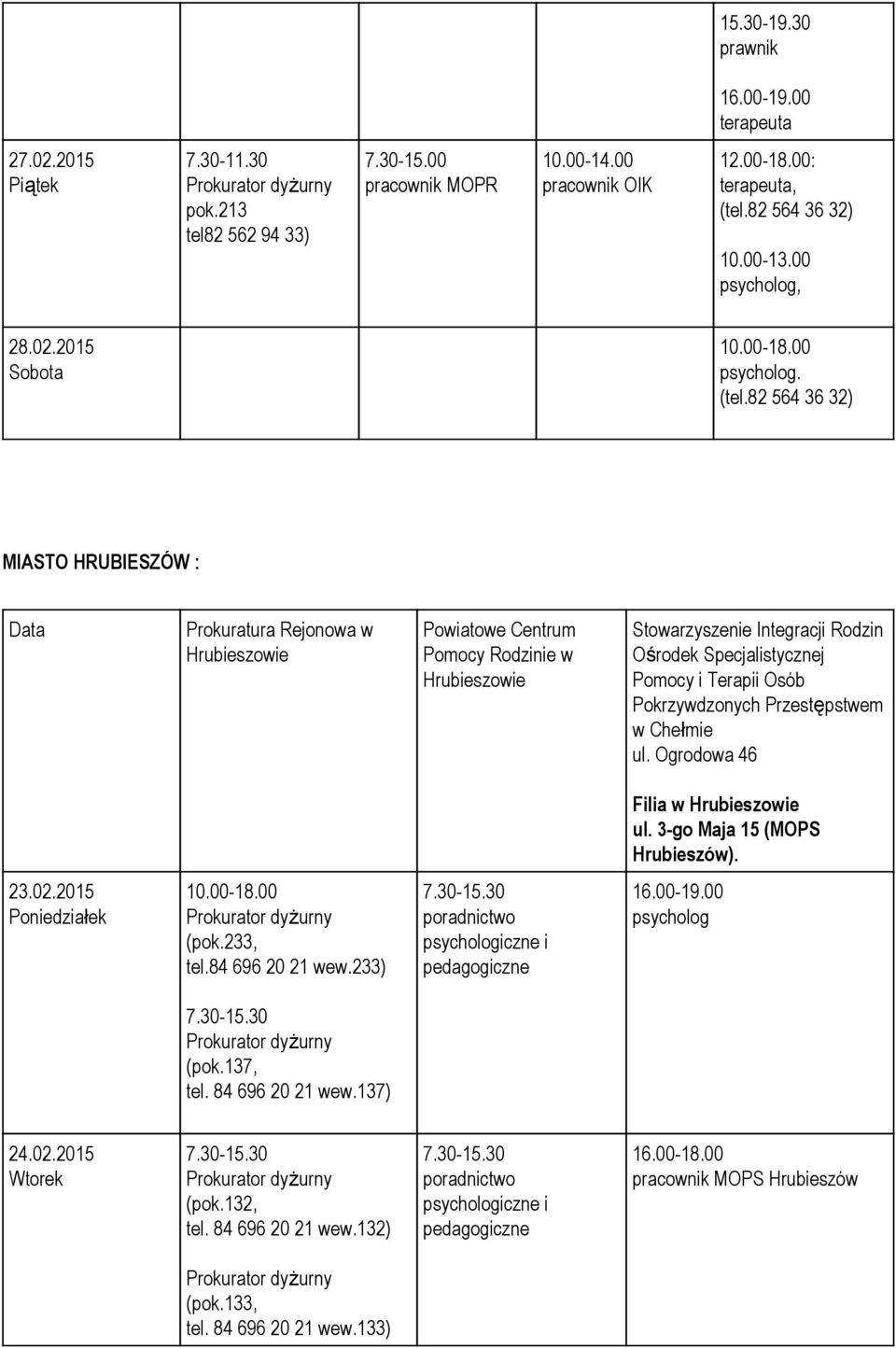 82 564 36 32) MIASTO HRUBIESZÓW : Data Prokuratura Rejonowa w Hrubieszowie Powiatowe Centrum Pomocy Rodzinie w Hrubieszowie Stowarzyszenie Integracji Rodzin Ośrodek Specjalistycznej Pomocy i Terapii