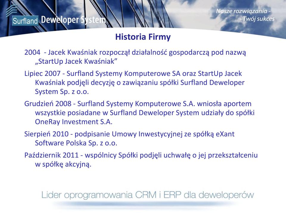 A. wniosła aportem wszystkie posiadane w Surfland Deweloper System udziały do spółki OneRay Investment S.A. Sierpieo 2010 - podpisanie Umowy Inwestycyjnej ze spółką exant Software Polska Sp.