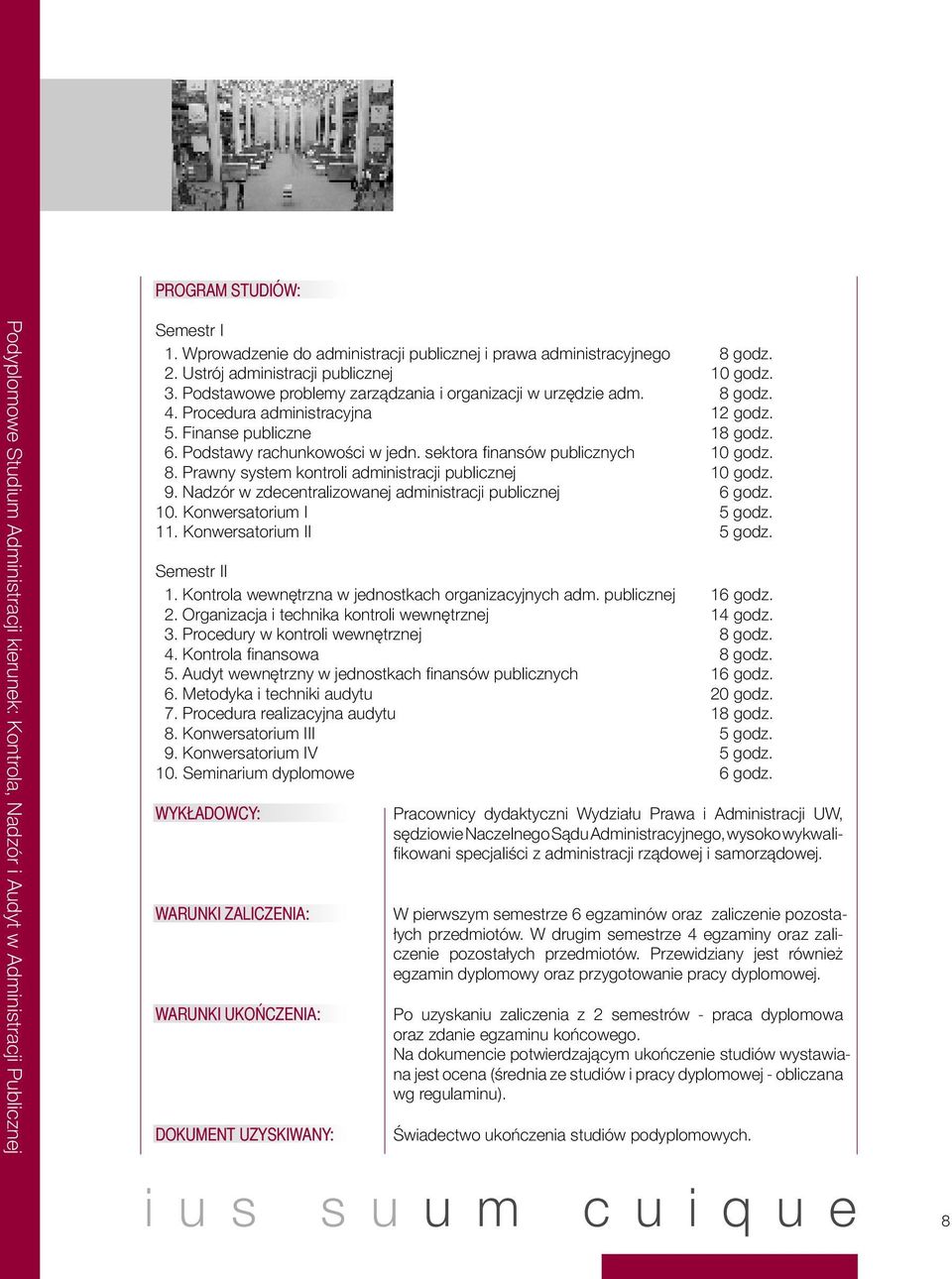 Podstawy rachunkowości w jedn. sektora finansów publicznych 10 godz. 8. Prawny system kontroli administracji publicznej 10 godz. 9. Nadzór w zdecentralizowanej administracji publicznej 6 godz. 10. Konwersatorium I 5 godz.