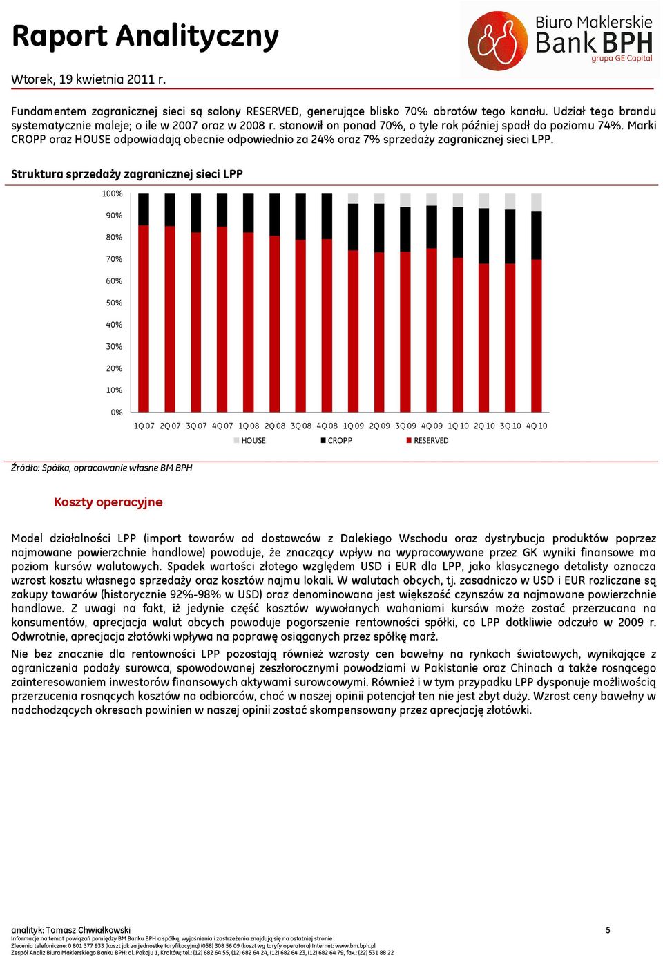 Struktura sprzedaży zagranicznej sieci LPP 100% 90% 80% 70% 60% 50% 40% 30% 20% 10% 0% 1Q 07 2Q 07 3Q 07 4Q 07 1Q 08 2Q 08 3Q 08 4Q 08 1Q 09 2Q 09 3Q 09 4Q 09 1Q 10 2Q 10 3Q 10 4Q 10 HOUSE CROPP