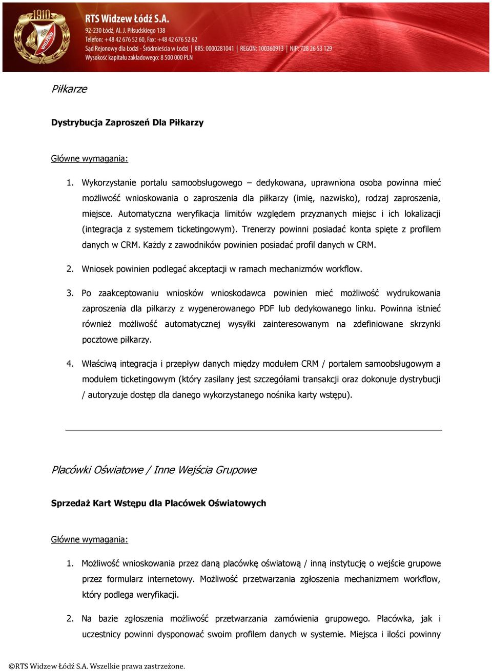 Automatyczna weryfikacja limitów względem przyznanych miejsc i ich lokalizacji (integracja z systemem ticketingowym). Trenerzy powinni posiadać konta spięte z profilem danych w CRM.