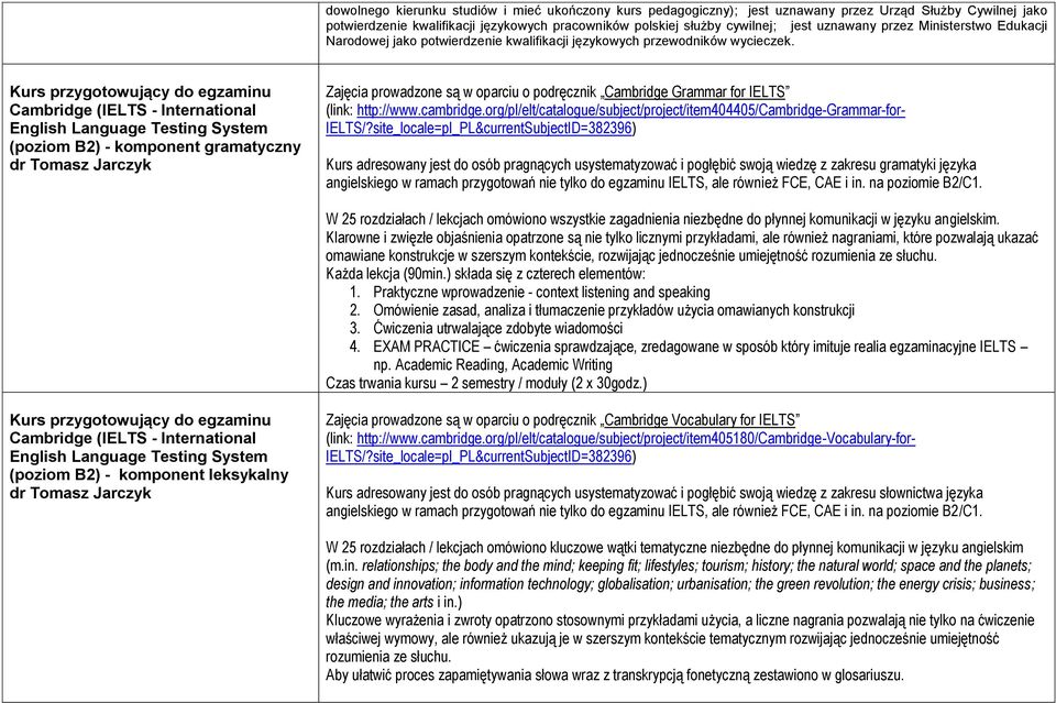 Kurs przygotowujący do egzaminu Cambridge (IELTS - International English Language Testing System (poziom B2) - komponent gramatyczny dr Tomasz Jarczyk Zajęcia prowadzone są w oparciu o podręcznik