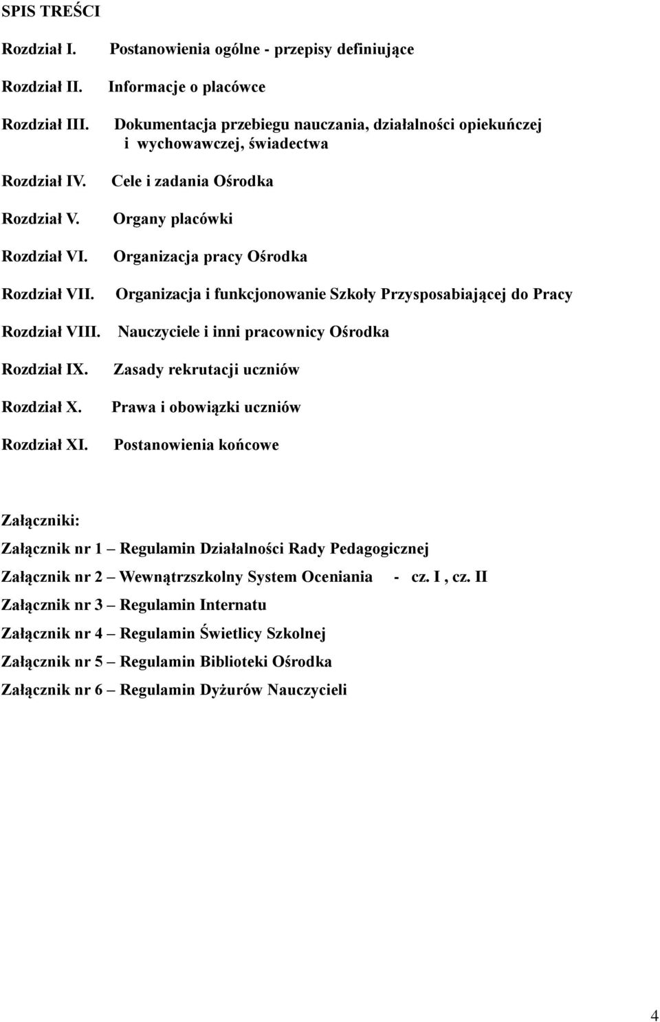 Organizacja pracy Ośrodka Organizacja i funkcjonowanie Szkoły Przysposabiającej do Pracy Nauczyciele i inni pracownicy Ośrodka Zasady rekrutacji uczniów Prawa i obowiązki uczniów Postanowienia