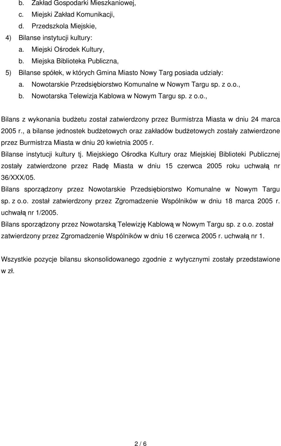 Nowotarska Telewizja Kablowa w Nowym Targu sp. z o.o., Bilans z wykonania budżetu został zatwierdzony przez Burmistrza Miasta w dniu 24 marca 2005 r.