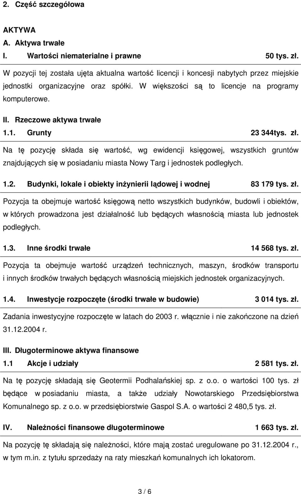 Rzeczowe aktywa trwałe 1.1. Grunty 23 344tys. zł. Na tę pozycję składa się wartość, wg ewidencji księgowej, wszystkich gruntów znajdujących się w posiadaniu miasta Nowy Targ i jednostek podległych. 1.2. Budynki, lokale i obiekty inżynierii lądowej i wodnej 83 179 tys.