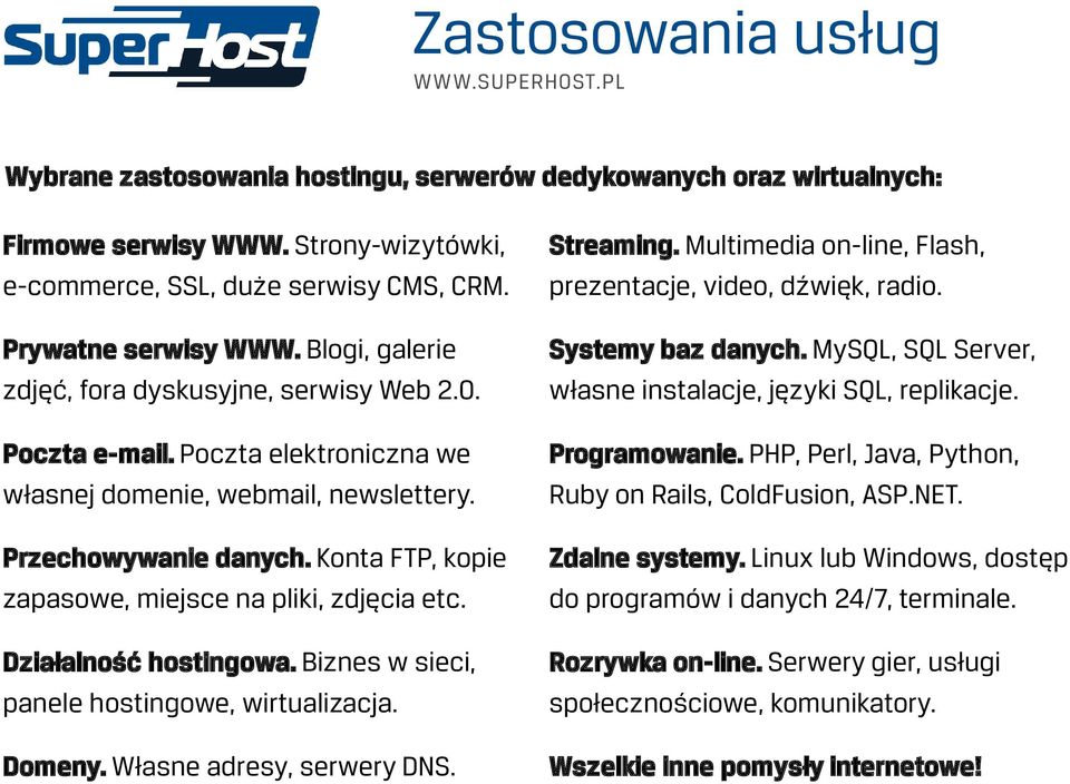 MySQL, SQL Server, własne instalacje, języki SQL, replikacje. Poczta e-mail. Poczta elektroniczna we własnej domenie, webmail, newslettery. Programowanie.