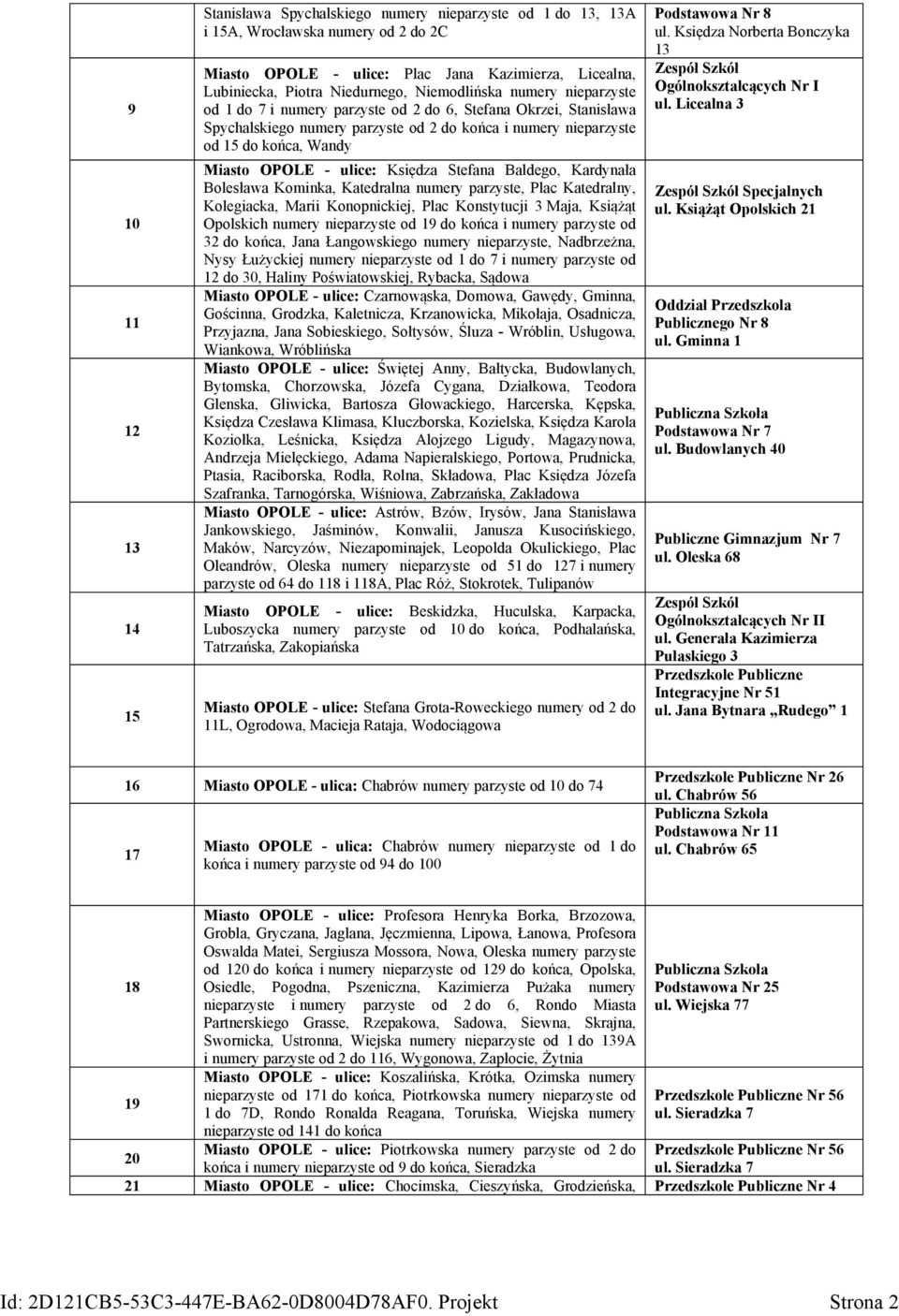 Miasto OPOLE - ulice: Księdza Stefana Baldego, Kardynała Bolesława Kominka, Katedralna numery parzyste, Plac Katedralny, Kolegiacka, Marii Konopnickiej, Plac Konstytucji 3 Maja, Książąt Opolskich