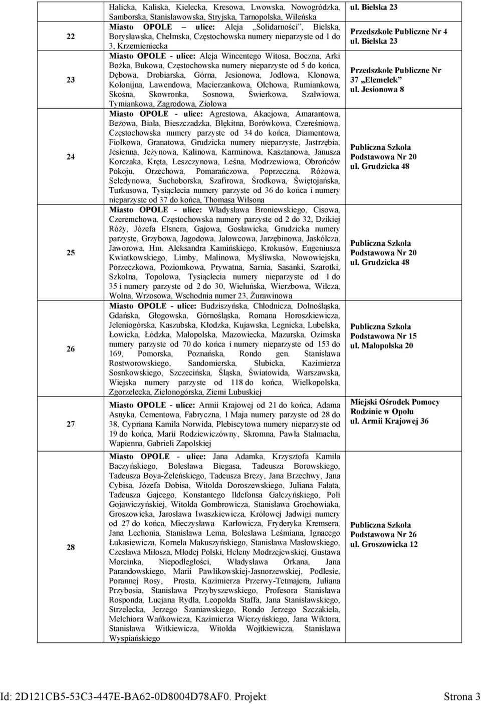 końca, Dębowa, Drobiarska, Górna, Jesionowa, Jodłowa, Klonowa, Kolonijna, Lawendowa, Macierzankowa, Olchowa, Rumiankowa, Skośna, Skowronka, Sosnowa, Świerkowa, Szałwiowa, Tymiankowa, Zagrodowa,