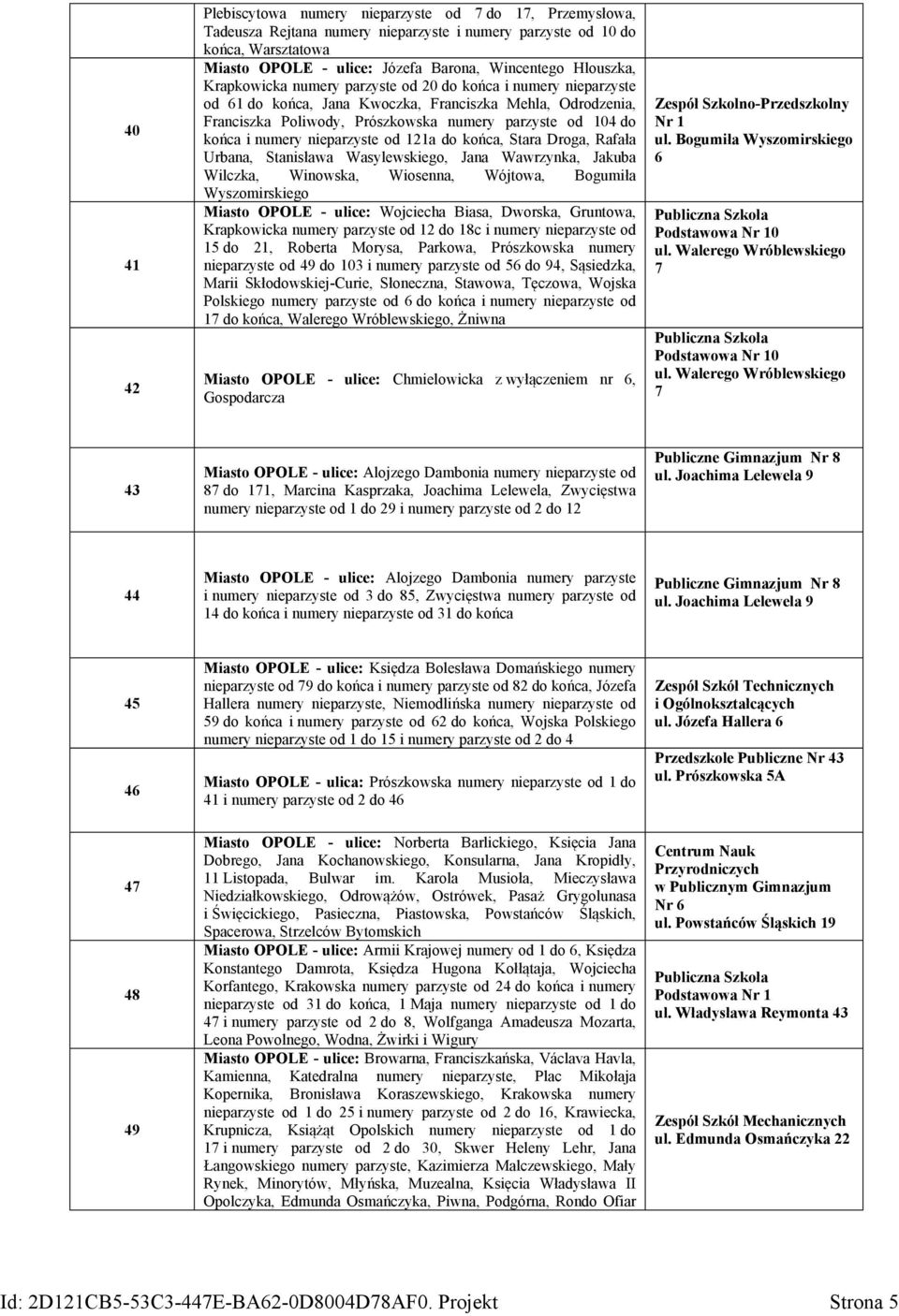 i numery nieparzyste od 121a do końca, Stara Droga, Rafała Urbana, Stanisława Wasylewskiego, Jana Wawrzynka, Jakuba Wilczka, Winowska, Wiosenna, Wójtowa, Bogumiła Wyszomirskiego Miasto OPOLE - ulice: