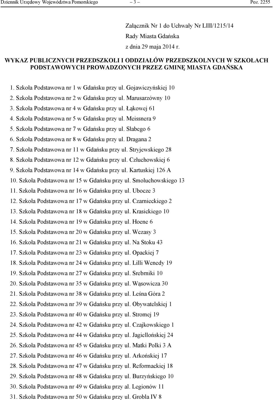 Szkoła Podstawowa nr 2 w Gdańsku przy ul. Marusarzówny 10 3. Szkoła Podstawowa nr 4 w Gdańsku przy ul. Łąkowej 61 4. Szkoła Podstawowa nr 5 w Gdańsku przy ul. Meissnera 9 5.