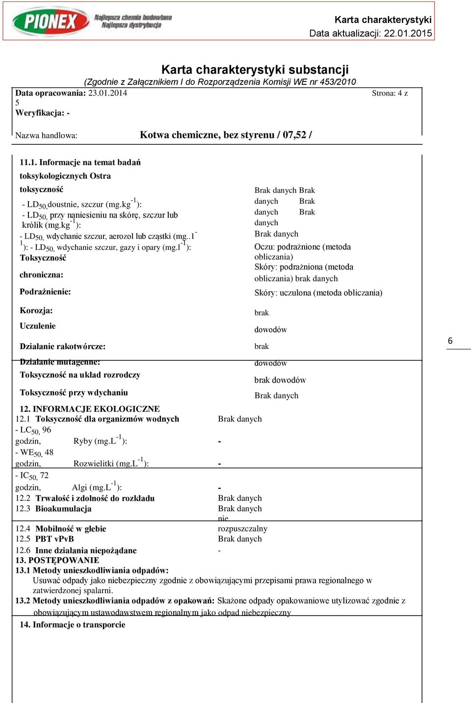 kg -1 ): - LD 50, przy naniesieniu na skórę, szczur lub królik (mg.kg -1 ): - LD 50, wdychanie szczur, aerozol lub cząstki (mg..1-1 ): - LD50, wdychanie szczur, gazy i opary (mg.