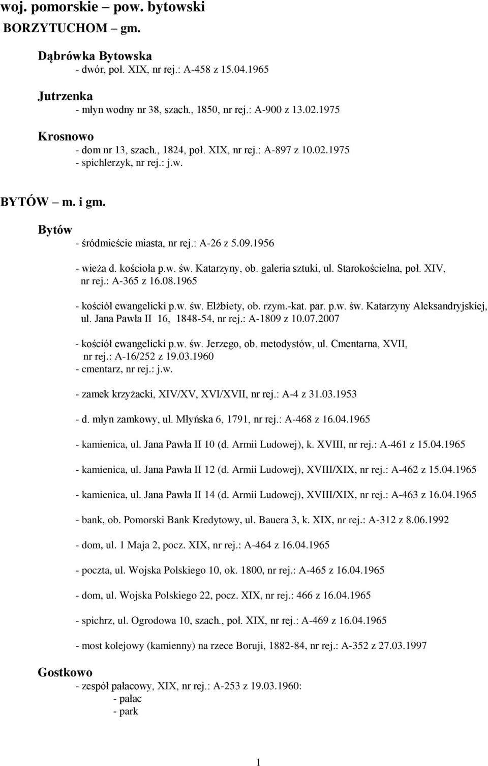 w. św. Katarzyny, ob. galeria sztuki, ul. Starokościelna, poł. XIV, nr rej.: A-365 z 16.08.1965 - kościół ewangelicki p.w. św. Elżbiety, ob. rzym.-kat. par. p.w. św. Katarzyny Aleksandryjskiej, ul.