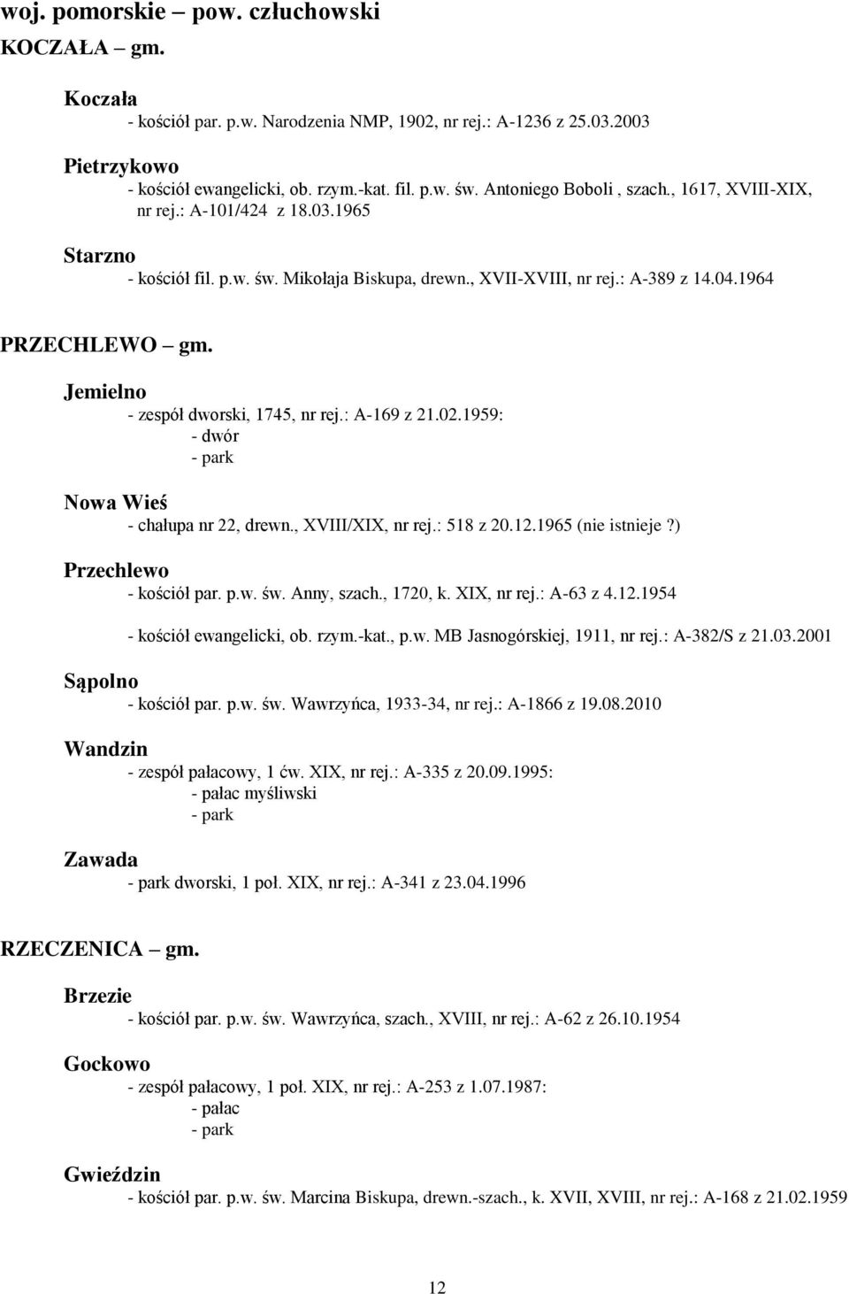 Jemielno - zespół dworski, 1745, nr rej.: A-169 z 21.02.1959: Nowa Wieś - chałupa nr 22, drewn., XVIII/XIX, nr rej.: 518 z 20.12.1965 (nie istnieje?) Przechlewo - kościół par. p.w. św. Anny, szach.