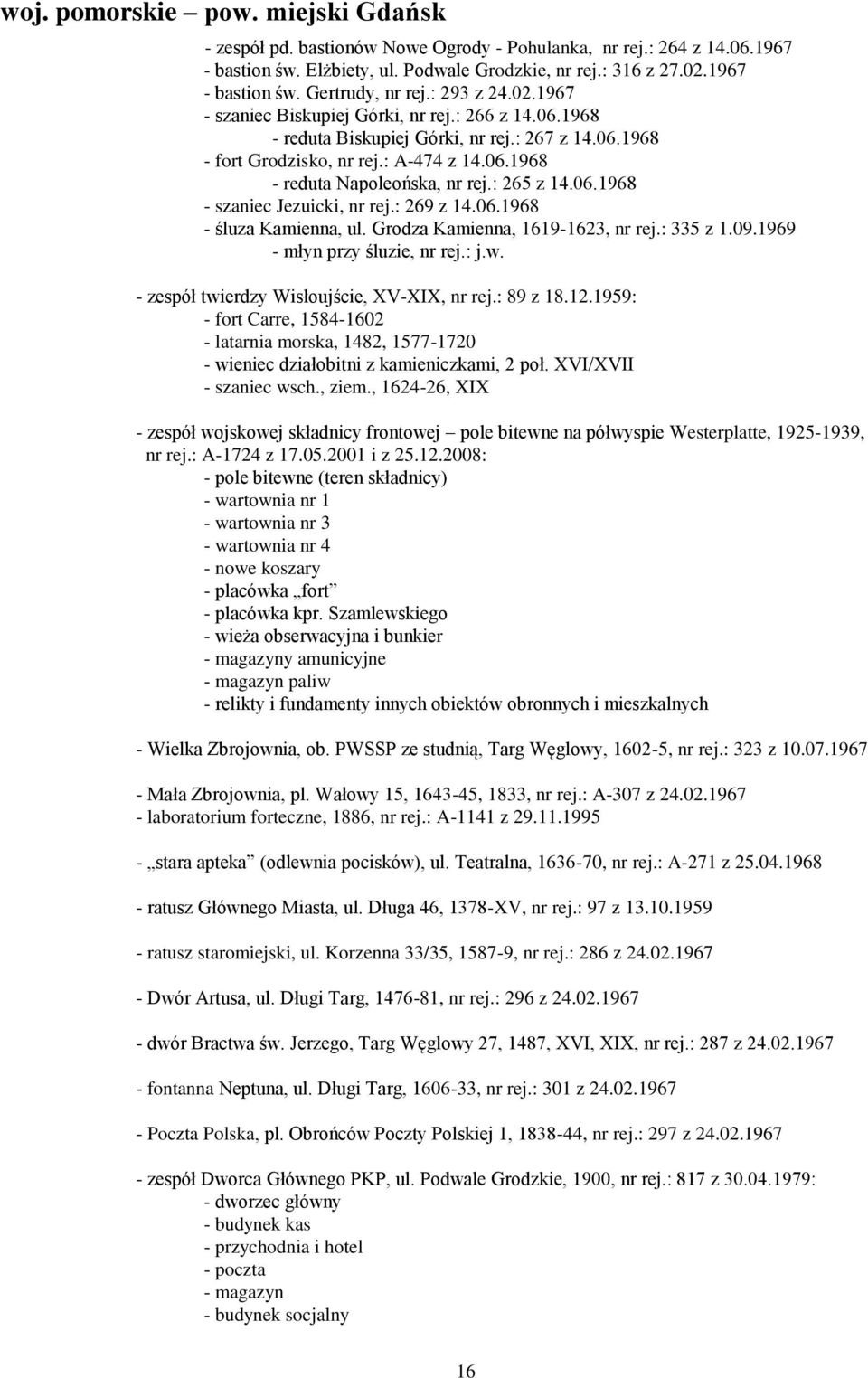 : 265 z 14.06.1968 - szaniec Jezuicki, nr rej.: 269 z 14.06.1968 - śluza Kamienna, ul. Grodza Kamienna, 1619-1623, nr rej.: 335 z 1.09.1969 - młyn przy śluzie, nr rej.: j.w.