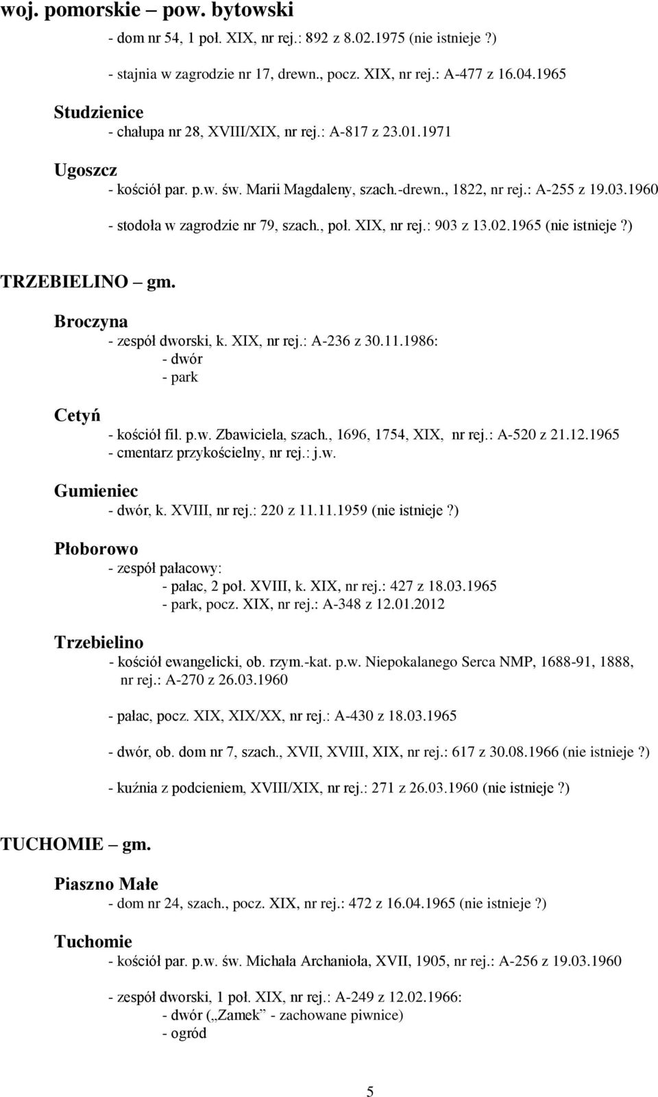 1960 - stodoła w zagrodzie nr 79, szach., poł. XIX, nr rej.: 903 z 13.02.1965 (nie istnieje?) TRZEBIELINO gm. Broczyna - zespół dworski, k. XIX, nr rej.: A-236 z 30.11.1986: Cetyń - kościół fil. p.w. Zbawiciela, szach.