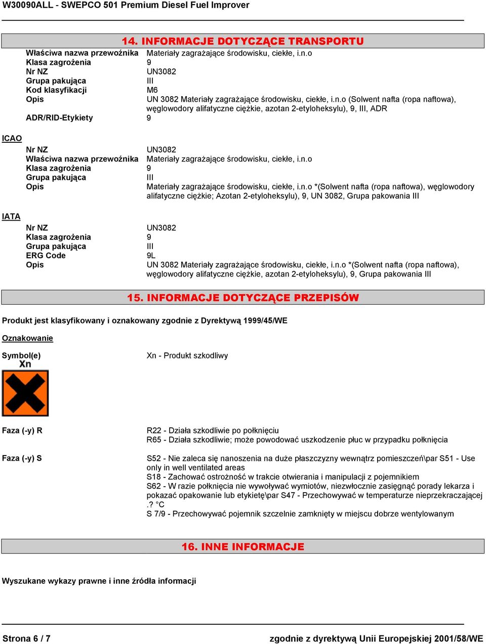 ka Materiały zagrażające środowisku, ciekłe, i.n.