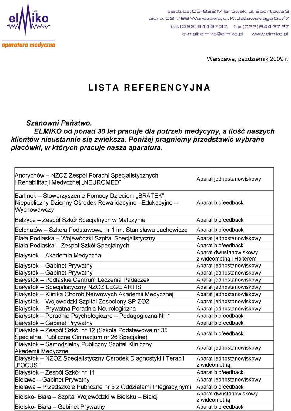 Andrychów NZOZ Zespół Poradni Specjalistycznych i Rehabilitacji Medycznej NEUROMED Barlinek Stowarzyszenie Pomocy Dzieciom BRATEK Niepubliczny Dzienny Ośrodek Rewalidacyjno Edukacyjno Wychowawczy