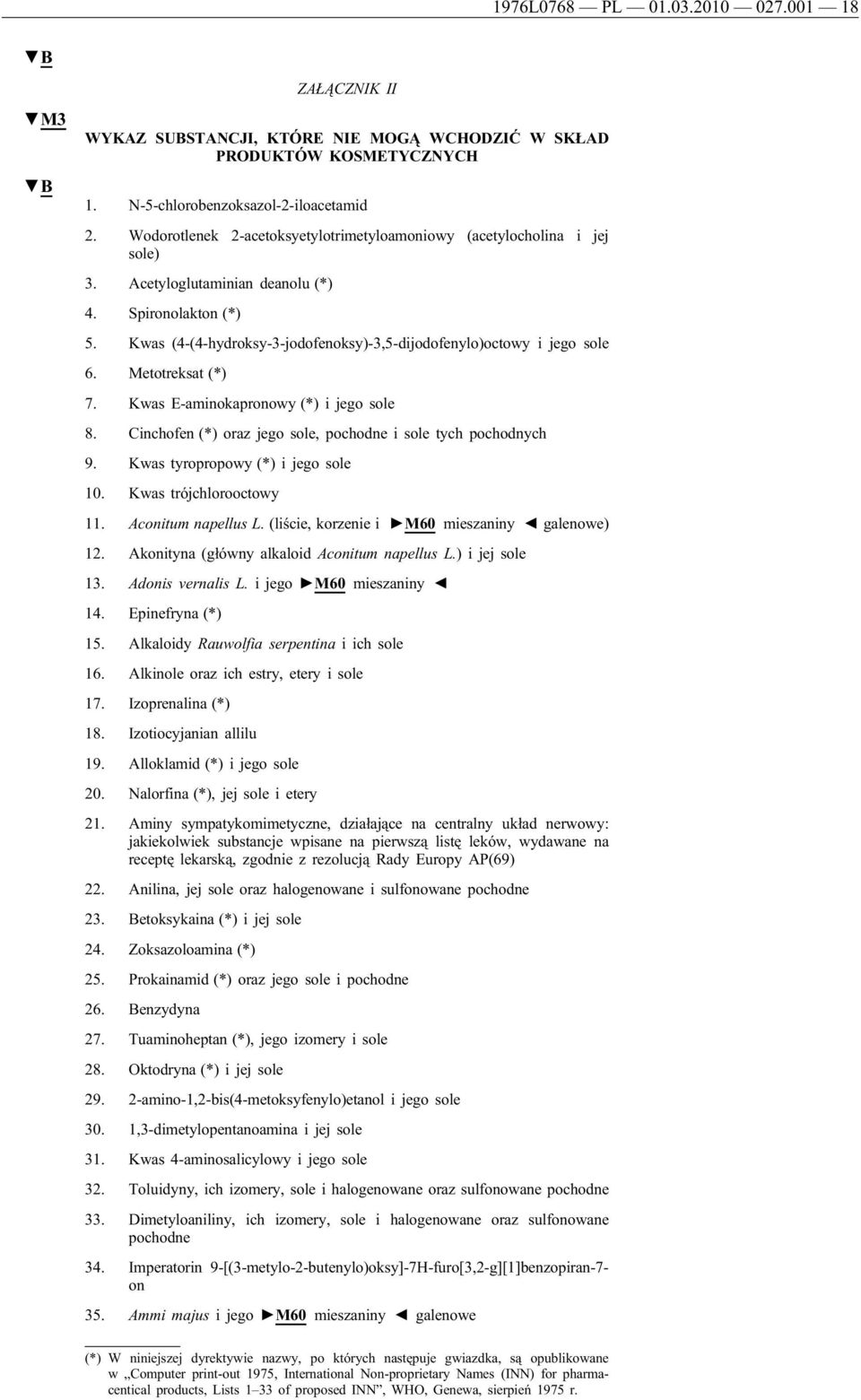 Kwas (4-(4-hydroksy-3-jodofenoksy)-3,5-dijodofenylo)octowy i jego sole 6. Metotreksat (*) 7. Kwas Ε-aminokapronowy (*) i jego sole 8. Cinchofen (*) oraz jego sole, pochodne i sole tych pochodnych 9.