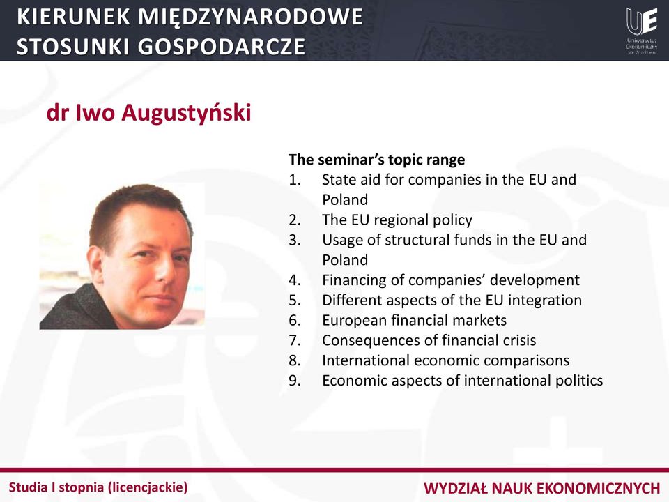 Financing of companies development 5. Different aspects of the EU integration 6.