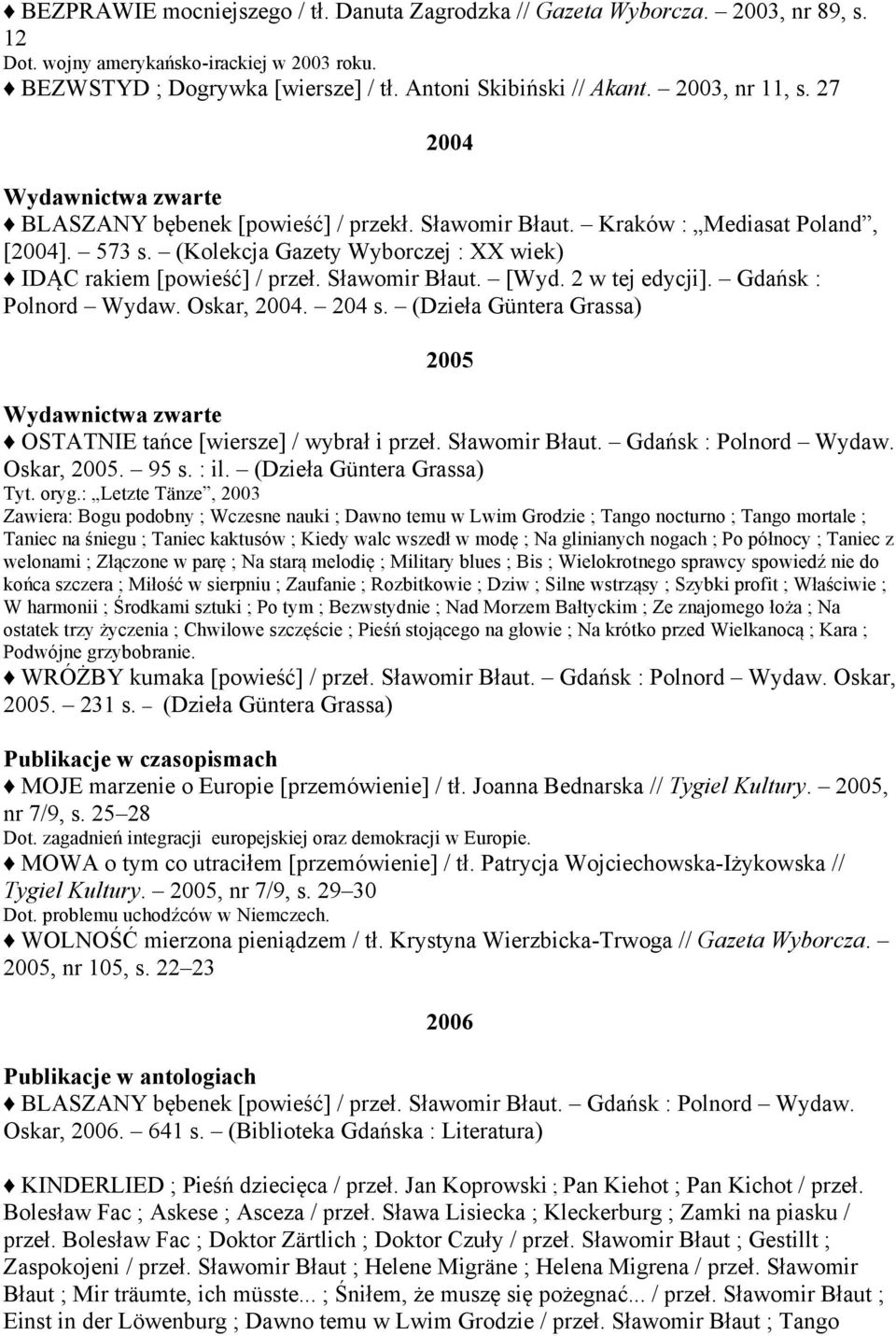 Sławomir Błaut. [Wyd. 2 w tej edycji]. Gdańsk : Polnord Wydaw. Oskar, 2004. 204 s. (Dzieła Güntera Grassa) 2005 OSTATNIE tańce [wiersze] / wybrał i przeł. Sławomir Błaut. Gdańsk : Polnord Wydaw. Oskar, 2005.