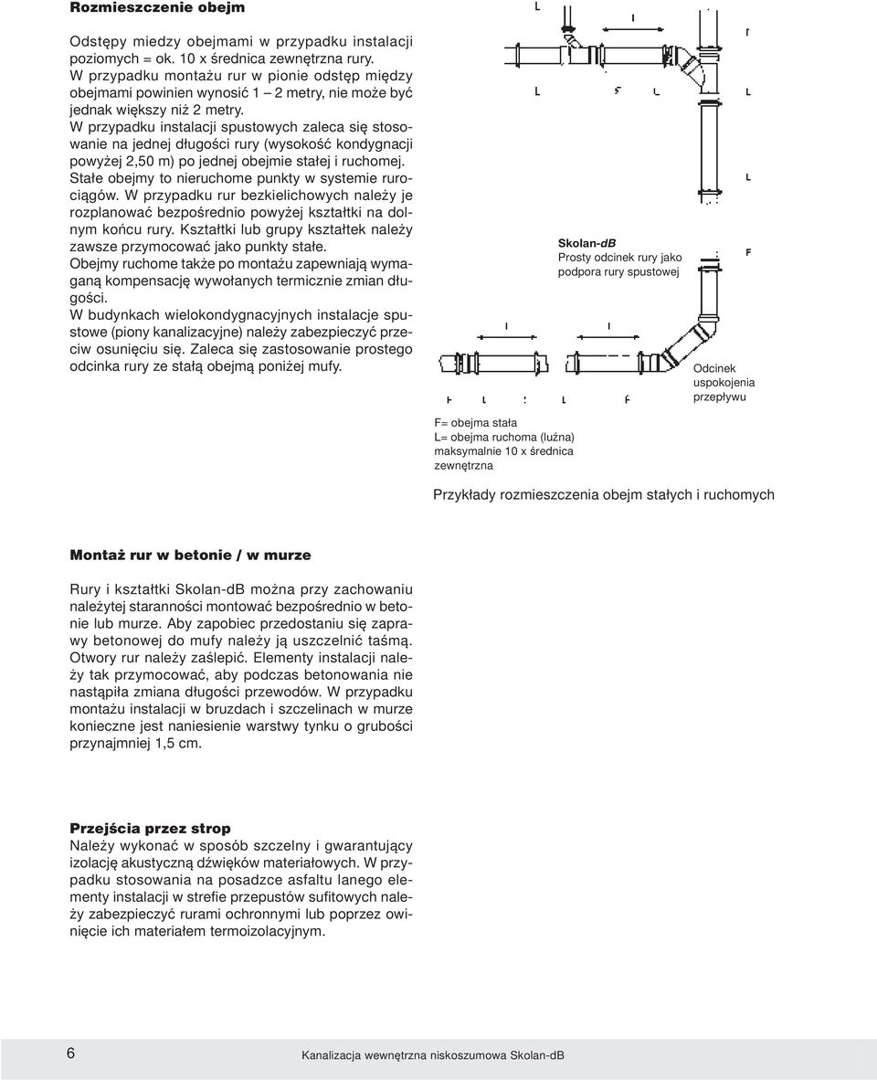 W przypadku instalacji spustowych zaleca się stosowanie na jednej długości rury (wysokość kondygnacji powyżej 2,50 m) po jednej obejmie stałej i ruchomej.