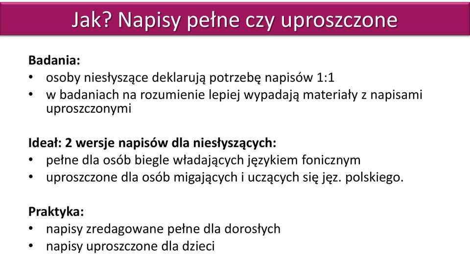 dla niesłyszących: pełne dla osób biegle władających językiem fonicznym uproszczone dla osób