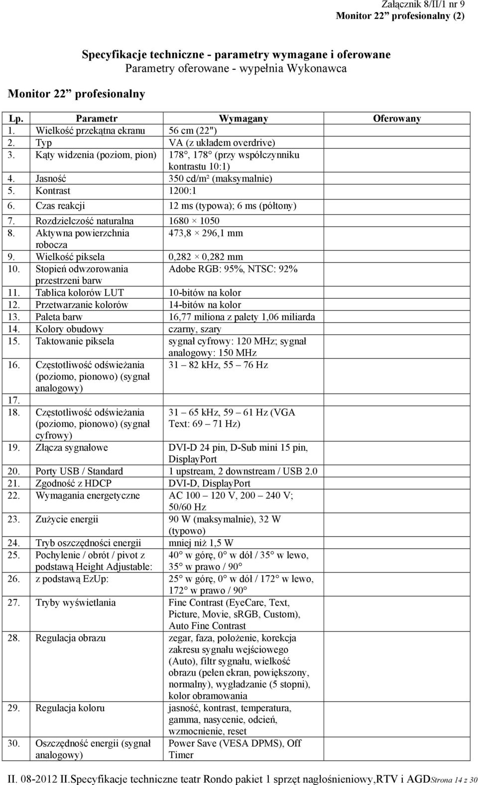 Kontrast 1200:1 6. Czas reakcji 12 ms (typowa); 6 ms (półtony) 7. Rozdzielczość naturalna 1680 1050 8. Aktywna powierzchnia 473,8 296,1 mm robocza 9. Wielkość piksela 0,282 0,282 mm 10.
