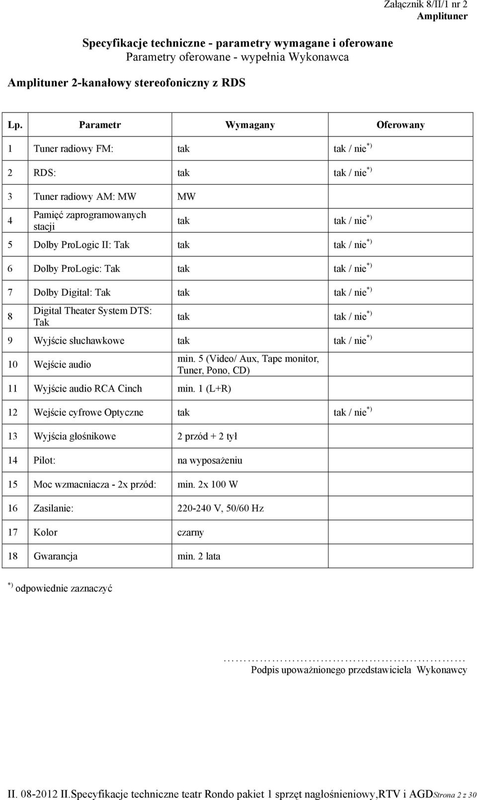 nie *) 6 Dolby ProLogic: Tak tak tak / nie *) 7 Dolby Digital: Tak tak tak / nie *) 8 Digital Theater System DTS: Tak tak tak / nie *) 9 Wyjście słuchawkowe tak tak / nie *) 10 Wejście audio 11