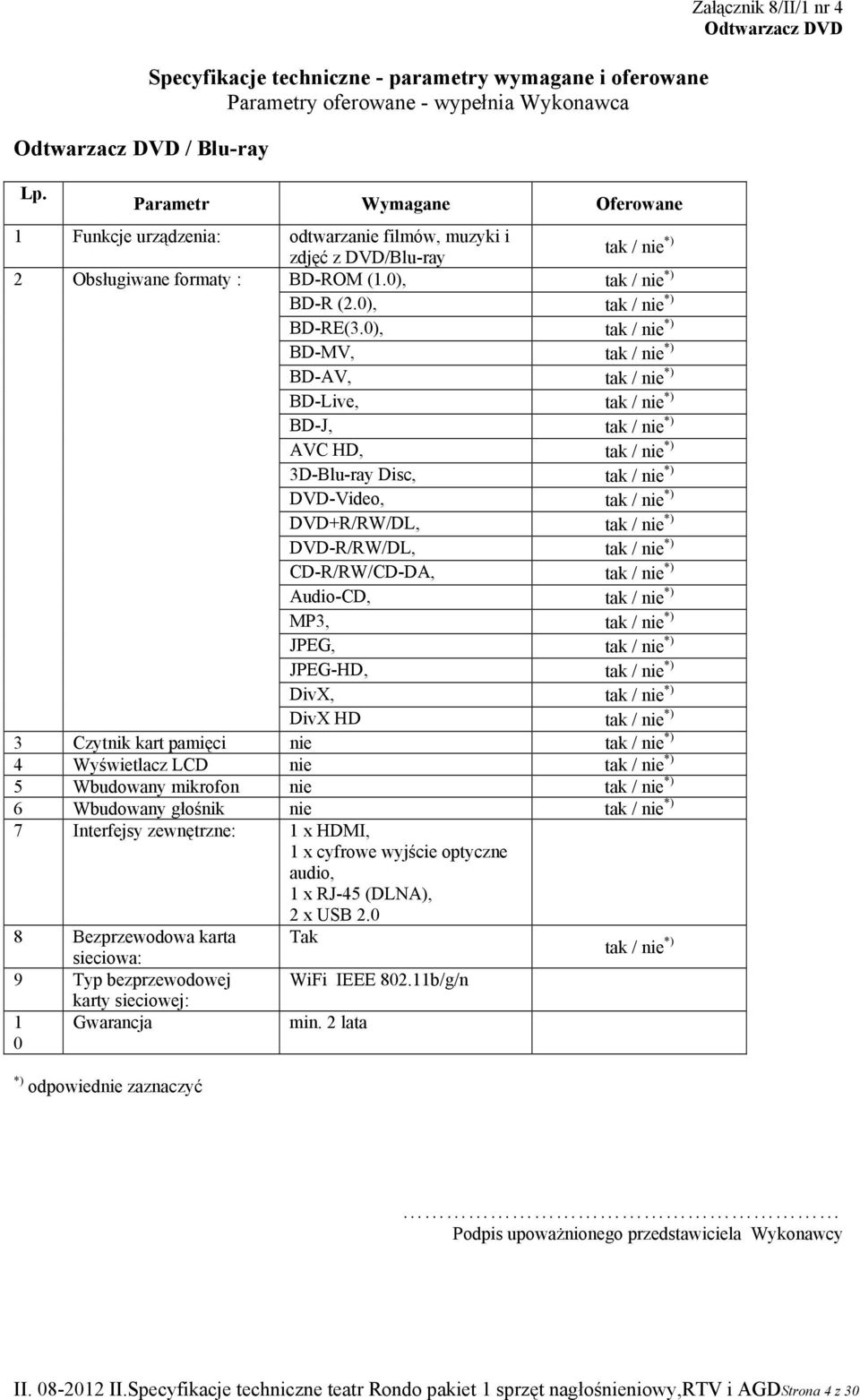 (1.0), tak / nie *) BD-R (2.0), tak / nie *) BD-RE(3.