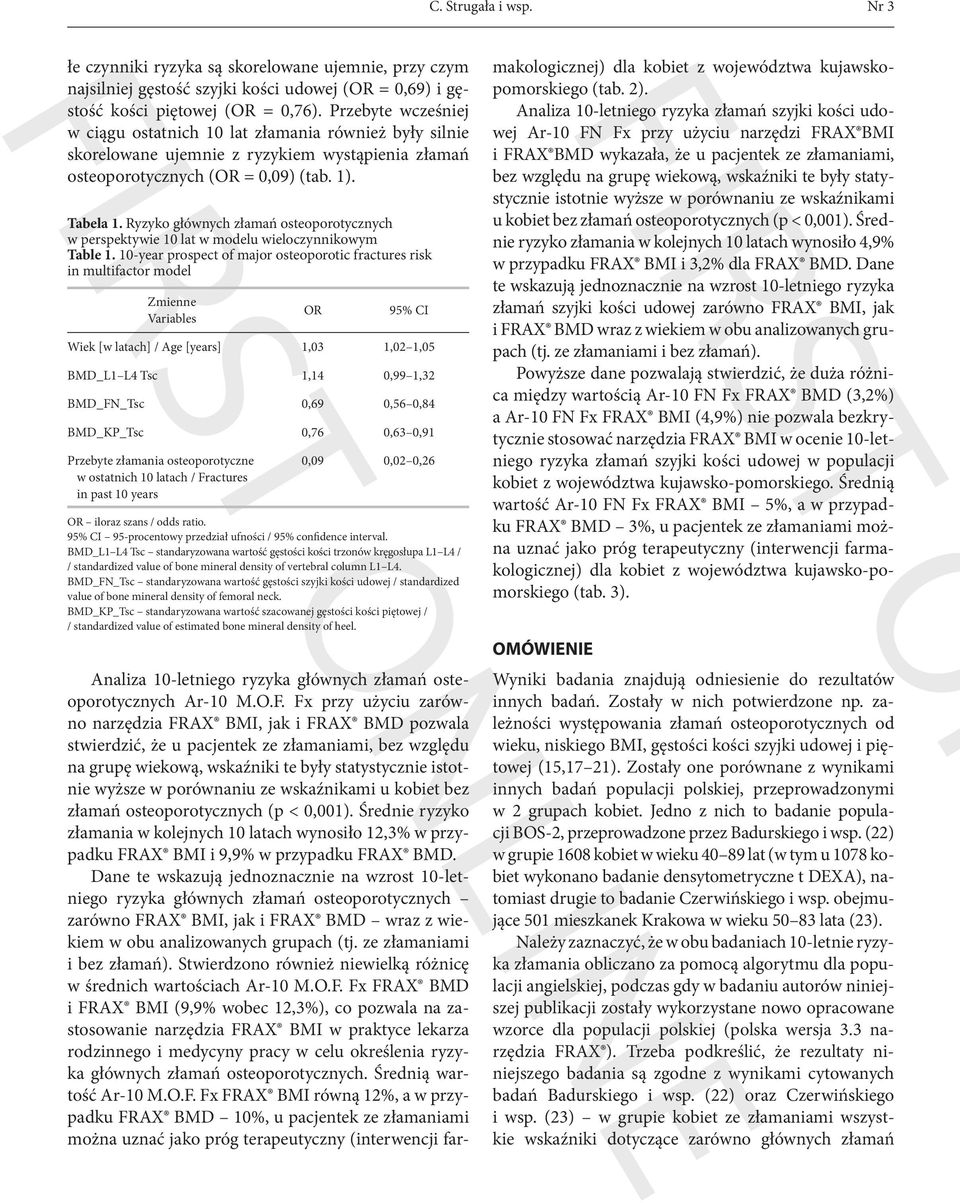 Ryzyko głównych złamań osteoporotycznych w perspektywie 10 lat w modelu wieloczynnikowym Table 1.