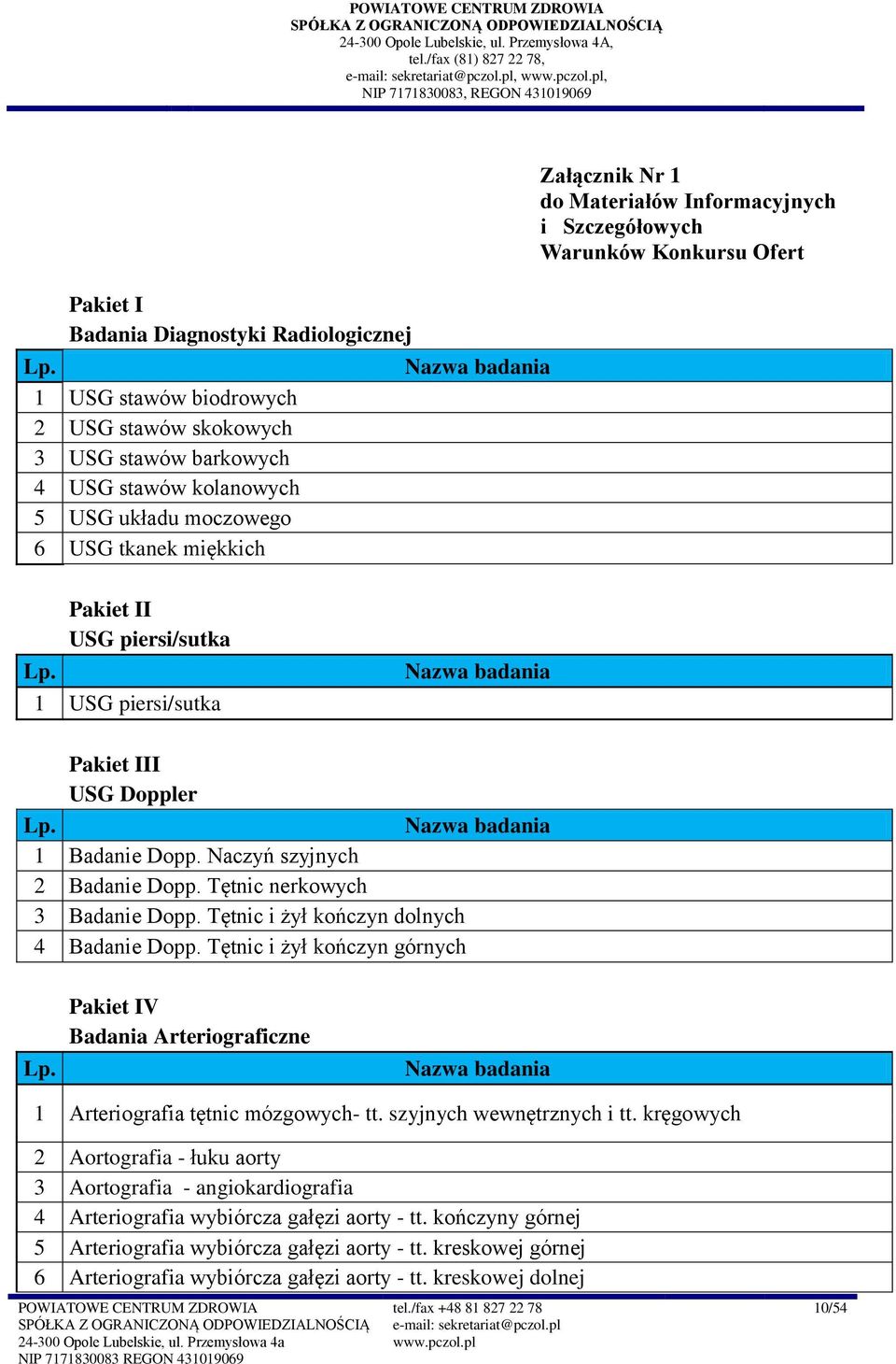 Szczegółowych Warunków Konkursu Ofert Pakiet II USG piersi/sutka Lp. USG piersi/sutka Nazwa badania Pakiet III USG Doppler Lp. Nazwa badania Badanie Dopp. Naczyń szyjnych 2 Badanie Dopp.