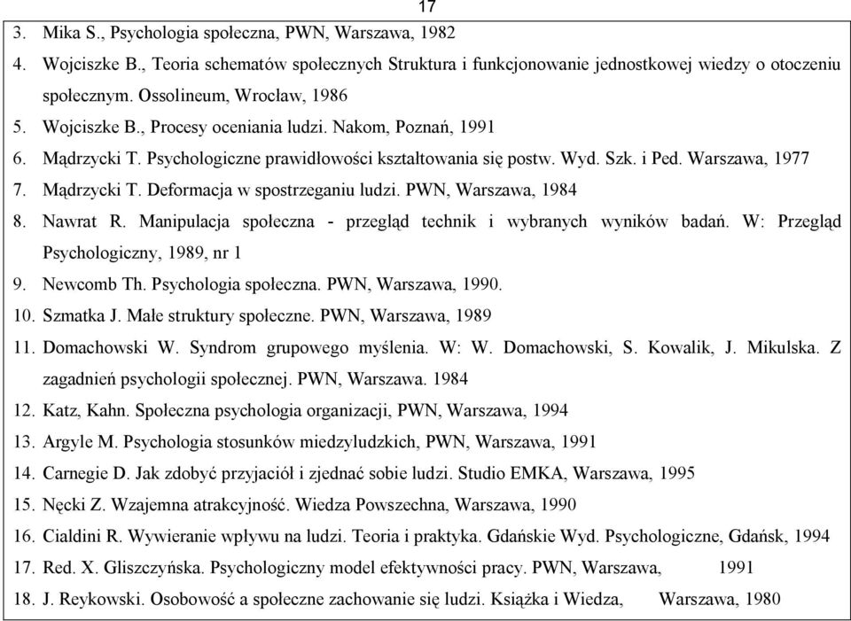 Mądrzycki T. Deformacja w spostrzeganiu ludzi. PWN, Warszawa, 1984 8. Nawrat R. Manipulacja społeczna - przegląd technik i wybranych wyników badań. W: Przegląd Psychologiczny, 1989, nr 1 9.