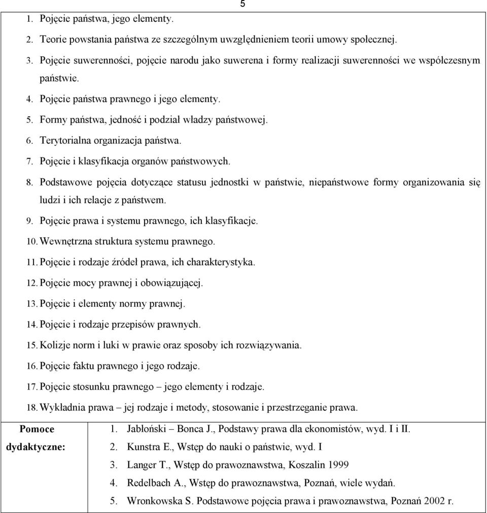 Formy państwa, jedność i podział władzy państwowej. 6. Terytorialna organizacja państwa. 7. Pojęcie i klasyfikacja organów państwowych. 8.