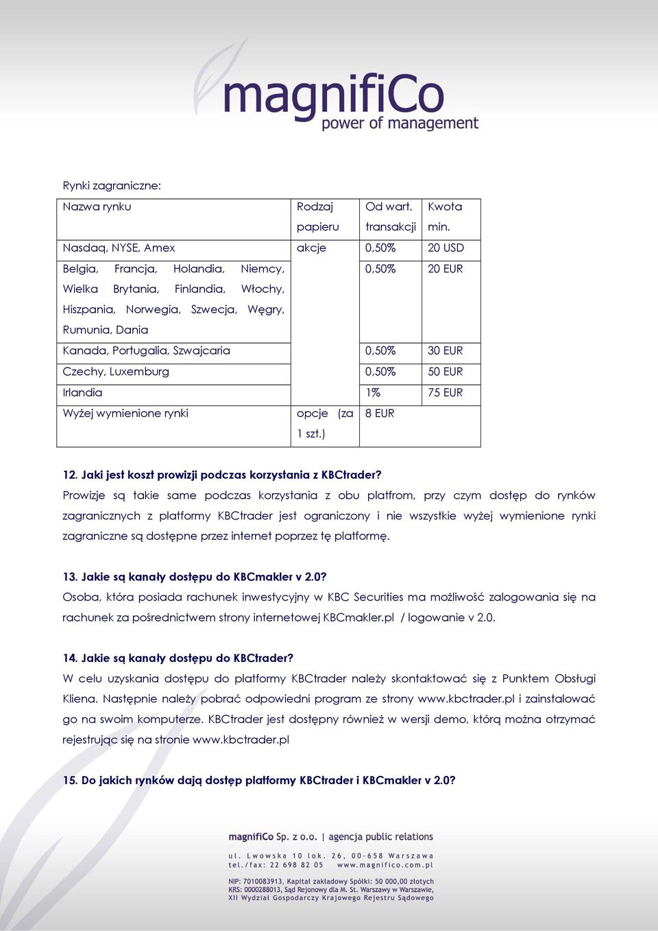 Szwajcaria 0,50% 30 EUR Czechy, Luxemburg 0,50% 50 EUR Irlandia 1% 75 EUR Wyżej wymienione rynki opcje (za 1 szt.) 8 EUR 12. Jaki jest koszt prowizji podczas korzystania z KBCtrader?